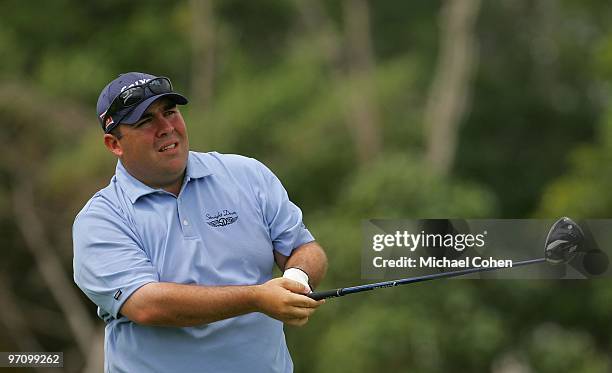 Kevin Stadler hits a shot during the final round of the Mayakoba Golf Classic at El Camaleon Golf Club held on February 21, 2010 in Riviera Maya,...