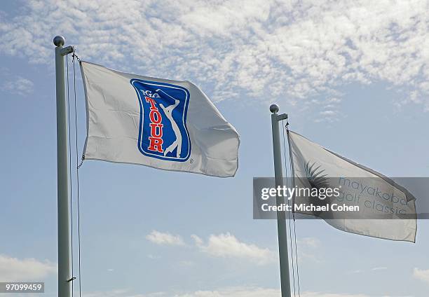 Flags fly in the breeze during the third round of the Mayakoba Golf Classic at El Camaleon Golf Club held on February 20, 2010 in Riviera Maya,...