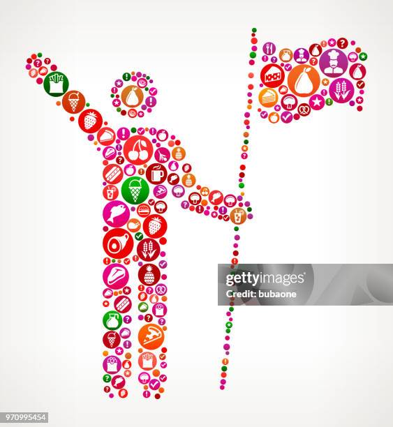 stick figure holding flag food and diet vector icon background - holding hot dog stock illustrations