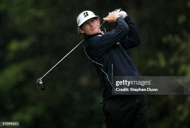 Brandt Snedeker hits his tee shot on the 12th hole during the second round of the Northern Trust Open at Riveria Country Club on February 5, 2010 in...