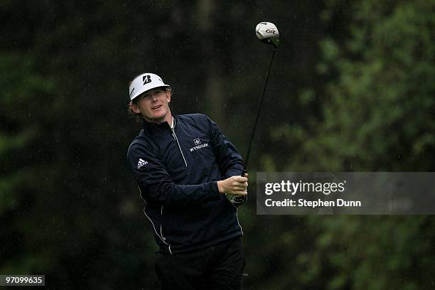 Brandt Snedeker hits his tee shot on the 12th hole during the second round of the Northern Trust Open at Riveria Country Club on February 5, 2010 in...