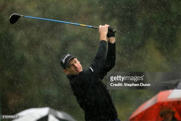 Jim Furyk hits his tee shot on the second hole during the second round of the Northern Trust Open at Riviera Country Club on February 5, 2010 in...