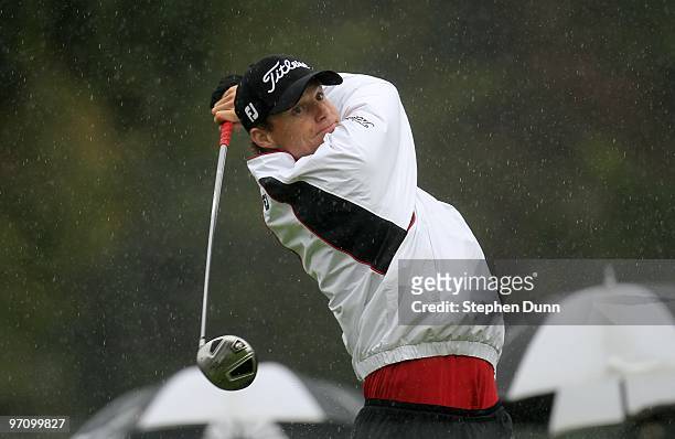 Nick Watney hits his tee shot on the second hole during the second round of the Northern Trust Open at Riviera Country Club on February 5, 2010 in...
