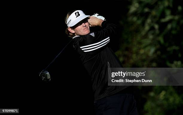 Brandt Snedeker hits his tee shot on the 12th hole during the third round of the Northern Trust Open at Riviera Country Club on February 6, 2010 in...