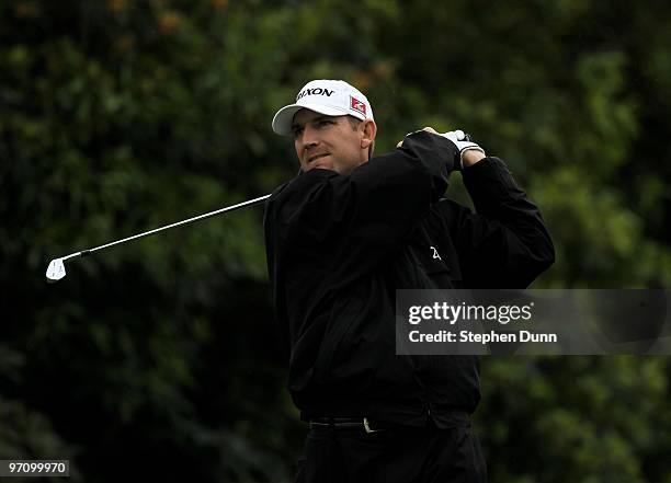 George McNeil hits his tee shot on the fourth hole during the third round of the Northern Trust Open at Riviera Country Club on February 6, 2010 in...