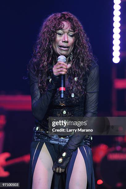 Bonnie Pointer performs at the 93.9 MIA Disco Ball at Hard Rock Live! in the Seminole Hard Rock Hotel & Casino on February 25, 2010 in Hollywood,...