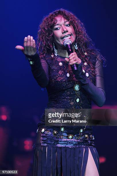 Bonnie Pointer performs at the 93.9 MIA Disco Ball at Hard Rock Live! in the Seminole Hard Rock Hotel & Casino on February 25, 2010 in Hollywood,...