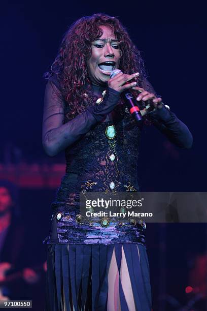 Bonnie Pointer performs at the 93.9 MIA Disco Ball at Hard Rock Live! in the Seminole Hard Rock Hotel & Casino on February 25, 2010 in Hollywood,...