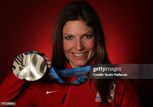 Alpine skier Julia Mancuso of the United States poses with her silver medals for the ladies' downhill and ladies' super combined in the NBC Today...
