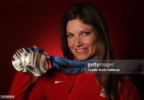 Alpine skier Julia Mancuso of the United States poses with her silver medals for the ladies' downhill and ladies' super combined in the NBC Today...