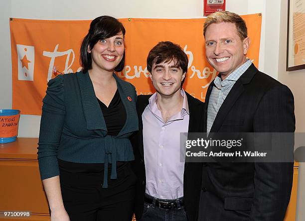 East Coast Call Center Manager Kelli Peterman, actor Daniel Radcliffe and The Trevor Project CEO Charles Robbins visit Trevor Project's eastcoast...