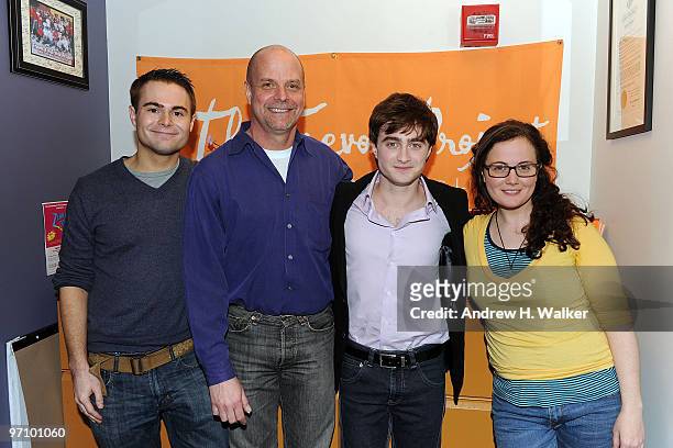 Kyle Suchomel, Robert Roberg, actor Daniel Radcliffe and Meghan Anderson visit Trevor Project's eastcoast call center on February 26, 2010 in New...