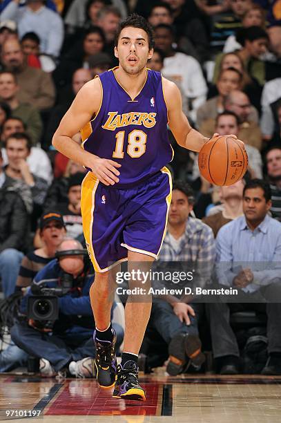 Sasha Vujacic of the Los Angeles Lakers moves the ball against the Toronto Raptors during the game on January 24, 2010 at Air Canada Centre in...