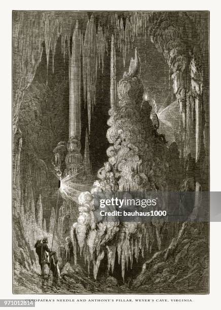 cleopatra’s needle and anthony’s pillar, weyer’s cave, staunton, virginia, united states, american victorian engraving, 1872 - cleopatra s needle london stock illustrations