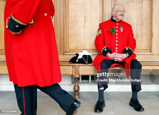 Chelsea Pensioners prepare to take part in the annual Founder's Day Parade at the Royal Hospital Chelsea on June 7, 2018 in London, England....