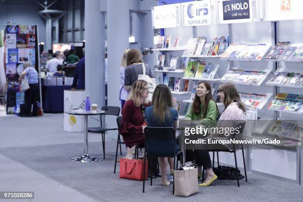 Four woman sit and speak around a table during the 2018 edition of BookExpo America in New York City, May 31, 2018.