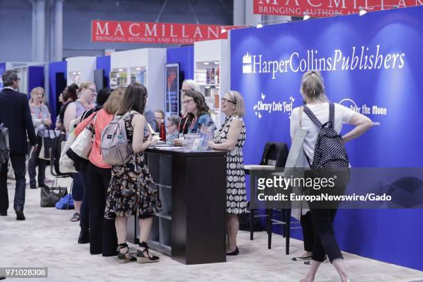 Booth for publishing company HarperCollins during the 2018 edition of BookExpo America in New York City, May 31, 2018.