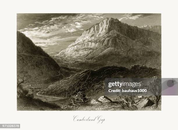 cumberland gap, kentucky, tennessee, united states, american victorian engraving, 1872 - cumberland kentucky stock illustrations