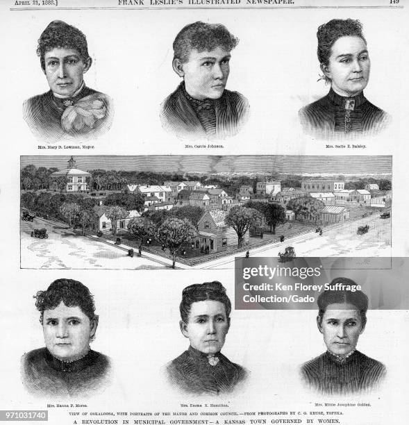 Black and white print depicting a panoramic view of Oskaloosa, Kansas, surrounded by portrait sketches of six women who served as the town's Common...