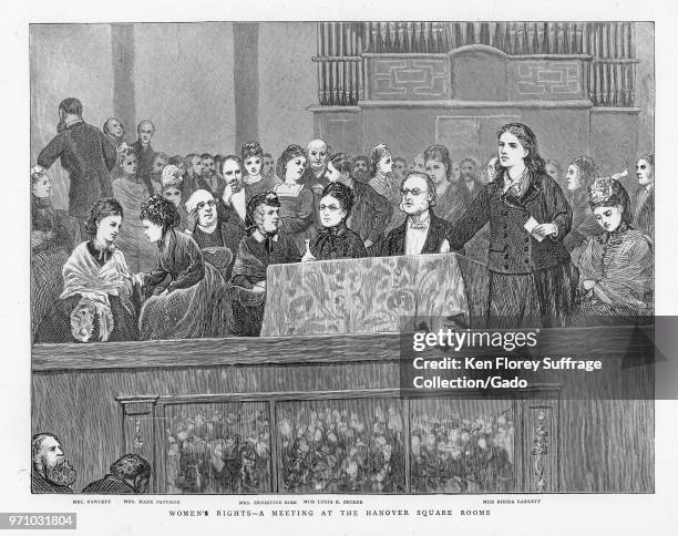 Black and white print illustrating English suffragists Lydia Becker, Dame Millicent Garrett Fawcett, Mrs Mark Patison , Mrs Ernestine Rose, and Rhoda...