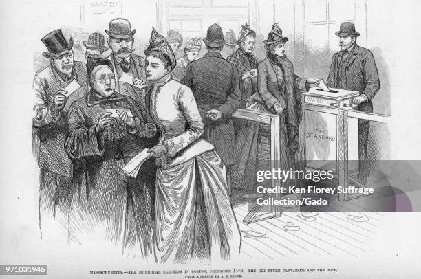 Black and white print illustrating women voting for the first time in Boston's municipal elections, with a young woman lobbying for a cause in the...