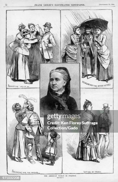 Black and white illustration, with four satirical images suggesting that suffragists harrassed people about prohibition, relied on bullying and...