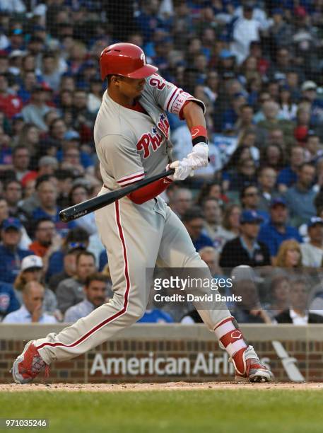 Aaron Altherr of the Philadelphia Phillies bats against the Chicago Cubs on June 6, 2018 at Wrigley Field in Chicago, Illinois. The Cubs won 7-5.