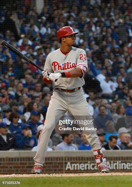 Aaron Altherr of the Philadelphia Phillies bats against the Chicago Cubs on June 6, 2018 at Wrigley Field in Chicago, Illinois. The Cubs won 7-5.