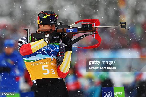 Arnd Peiffer of Germany shoots during the men's 4 x 7.5 km biathlon relay zeroing on day 15 of the 2010 Vancouver Winter Olympics at Whistler Olympic...