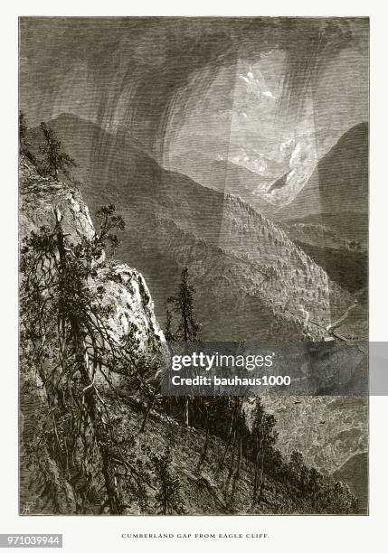 from eagle cliff, cumberland gap, kentucky, tennessee, united states, american victorian engraving, 1872 - kentucky road stock illustrations