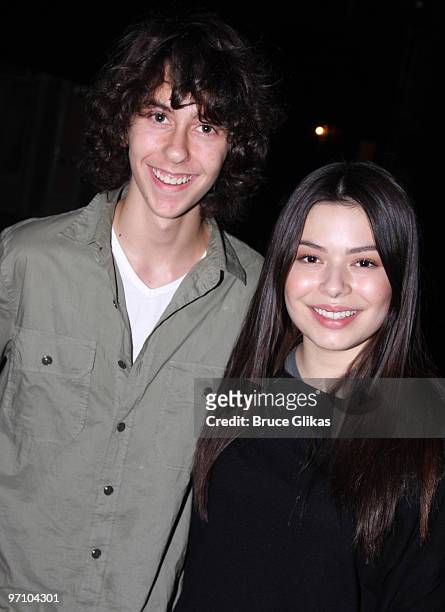 Nat Wolff and Miranda Cosgrove pose backstage at "Billy Elliot The Musical" on Broadway at the Imperial Theatre on September 15, 2009 in New York...