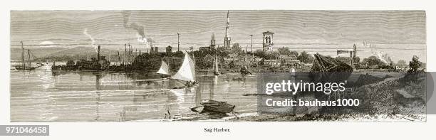 sag harbor, long island, new york, vereinigte staaten von amerika, amerikanische viktorianischen gravur, 1872 - sag harbor stock-grafiken, -clipart, -cartoons und -symbole