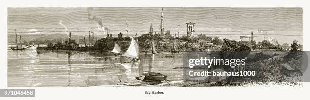sag harbor, long island, new york, united states, american victorian engraving, 1872 - sag harbor stock illustrations