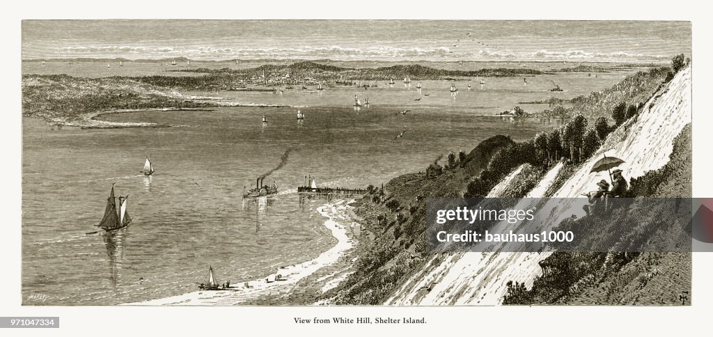 View from White Hill, Shelter Island, Long Island, New York, United States, American Victorian Engraving, 1872