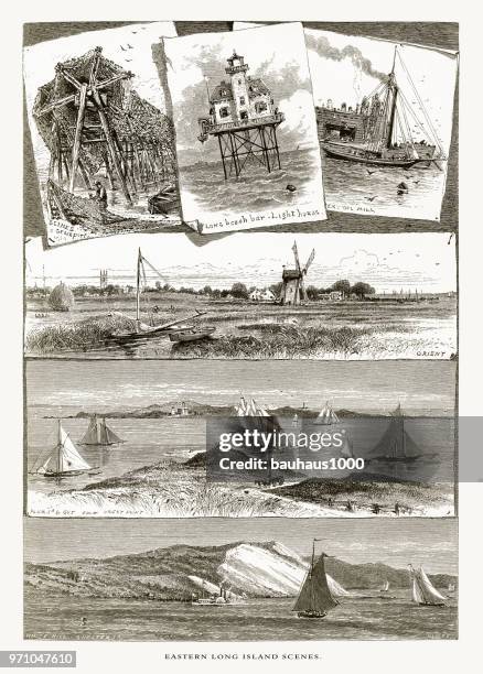 scenes of eastern long island, new york, united states, american victorian engraving, 1872. - shelter island stock illustrations