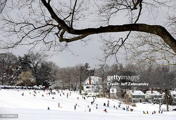 Sledders ride Flood's Hill on February 26, 2010 in South Orange, New Jersey. Over a foot of powdery, drifting snow fell overnight, closing area...