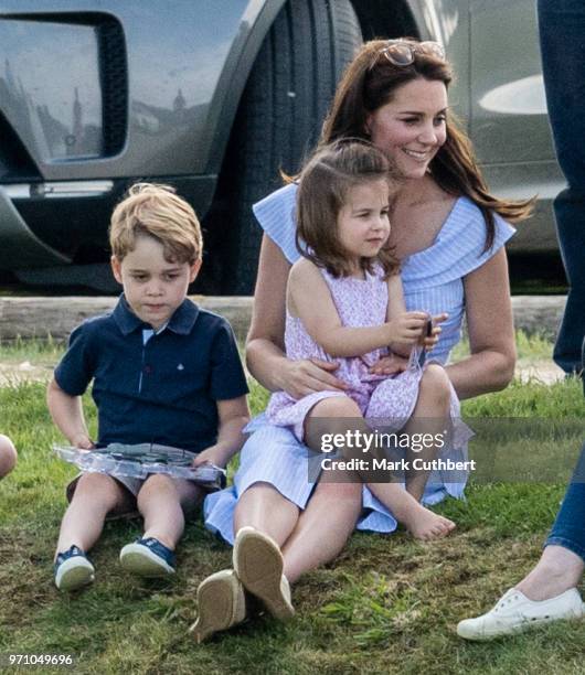 Catherine, Duchess of Cambridge with Princess Charlotte of Cambridge and Prince George of Cambridge during the Maserati Royal Charity Polo Trophy at...