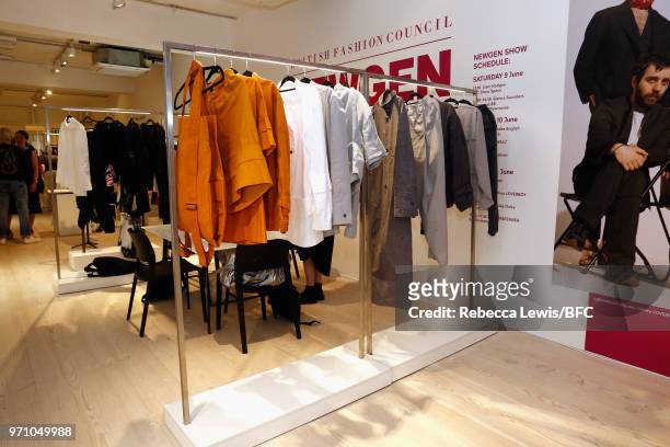 General view of Phoebe English at the NEWGEN Pop-Up Showroom during London Fashion Week Men's June 2018 at the BFC Designer Showrooms on June 10,...