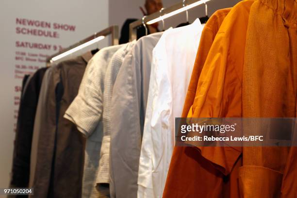 Fashion garments on display at Phoebe English at the NEWGEN Pop-Up Showroom during London Fashion Week Men's June 2018 at the BFC Designer Showrooms...