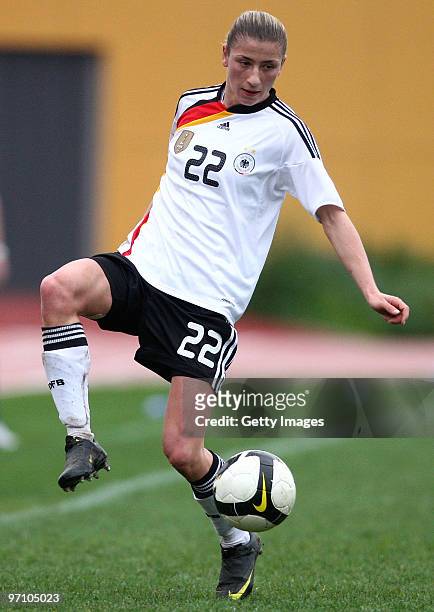 Bianca Schmidt of Germany runs with the ball during the Woman's Algarve Cup match between Germany and Finland at the Estadio Belavista on February...