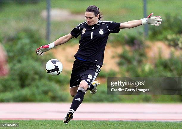 Goalkeeper Nadine Angerer of Germany shots during the Woman Algarve Cup match between Germany and Finland at the Estadio Belavista on February 26,...