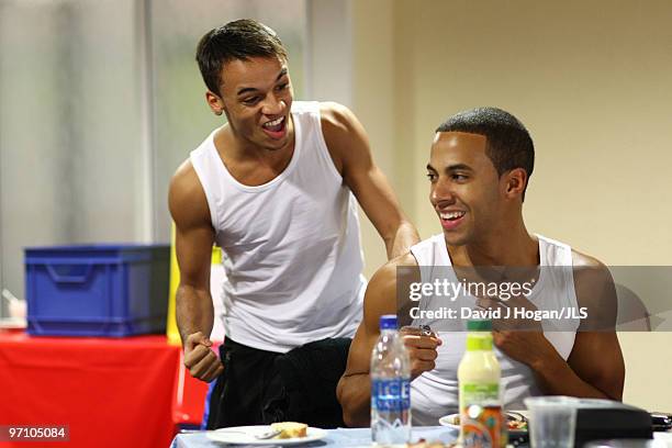 Aston Merrygold and Marvin Humes of JLS relax backstage ahead of a dress rehearsal show prior to the opening night of their JLS 2010 UK Tour