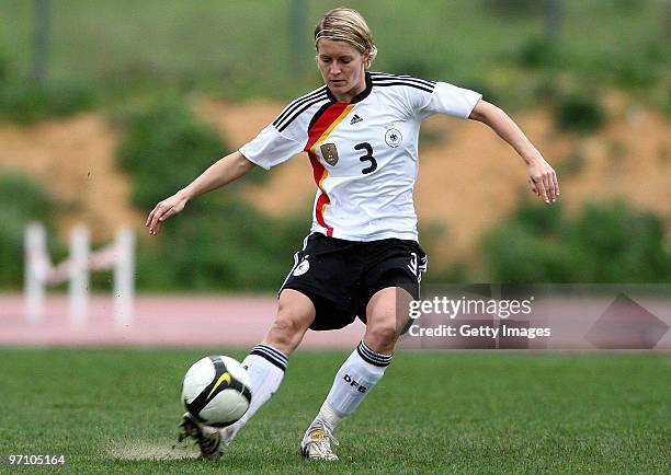 Saskia Bartusiak of Germany runs with the ball during the Woman's Algarve Cup match between Germany and Finland at the Estadio Belavista on February...