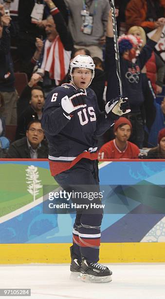 Erik Johnson of the United States celebrates a goal during the ice hockey men's semifinal game between the United States and Finland on day 15 of the...