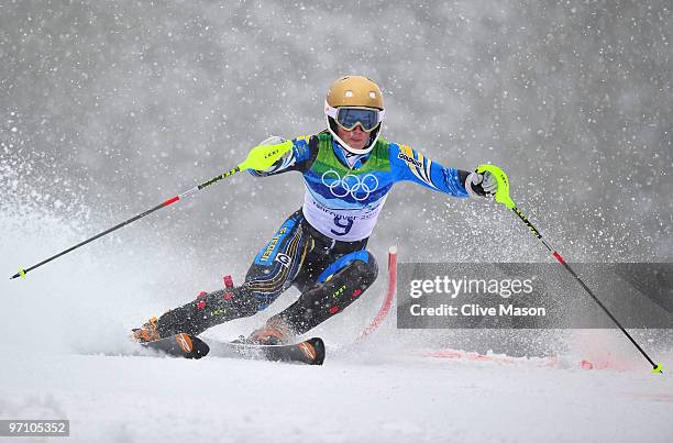 Maria Pietilae-Holmner of Sweden competes during the Ladies Slalom first run on day 15 of the Vancouver 2010 Winter Olympics at Whistler Creekside on...