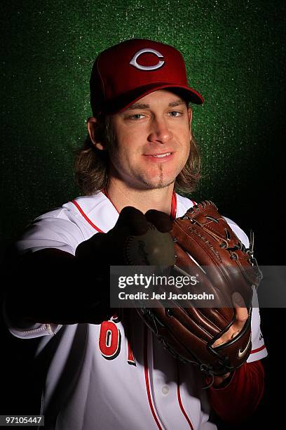 Bronson Arroyo of the Cincinnati Reds poses during media photo day on February 24, 2010 at the Cincinnati Reds Player Development Complex in...