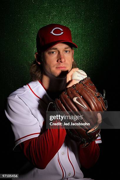 Bronson Arroyo of the Cincinnati Reds poses during media photo day on February 24, 2010 at the Cincinnati Reds Player Development Complex in...