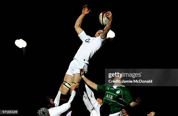 Dan Legge of English Counties jumps in the line out with Richard Lyden of Irish Clubs during the English Counties v Irish Clubs match at Stourton...