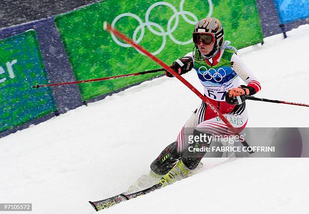 Bielorussia's Lizaveta Kuzmenka clears a gate during the Women's Vancouver 2010 Winter Olympics Slalom event at Whistler Creek side Alpine skiing...