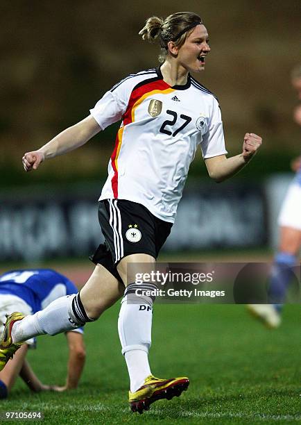 Alexandra Popp of Germany celebrates during the Woman's Algarve Cup match between Germany and Finland at the Estadio Belavista on February 26, 2010...